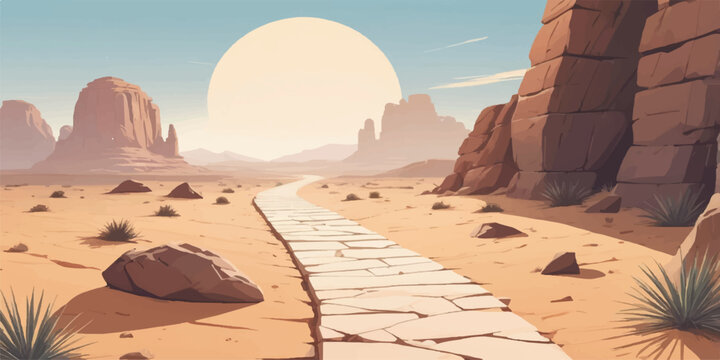 Desert landscape illustration featuring a stone path leading toward a large sun behind rock formations.