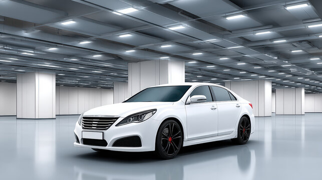 A sleek white sedan is showcased in a brightly lit, modern parking garage, reflecting off the polished floor and highlighting its design and clean lines so elegantly.