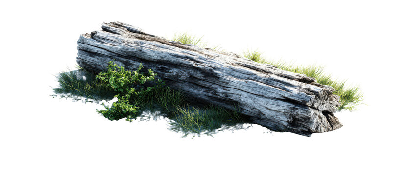 Weathered fallen log with grass on transparent background