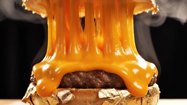 Explosive Cheese Melt Burger: A tantalizing close-up of a burger, showcasing an explosion of melted cheese cascading down, creating a visually delightful culinary experience.