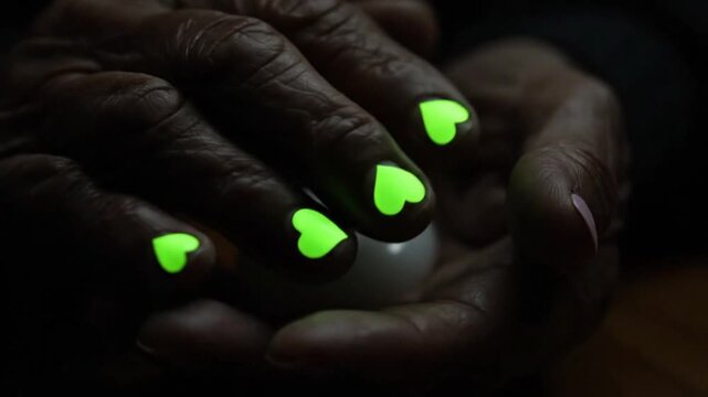 Glowing Hearts: An intimate portrait of hands adorned with glowing heart-shaped nail art, radiating a soft, neon light in the darkness, adding a touch of whimsy and affection.