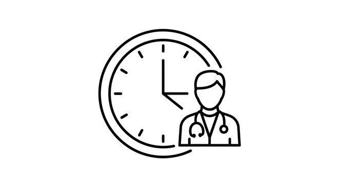 Doctor icon positioned next to a large clock face represents the importance of scheduling regular medical consultations, timely checkups, and efficient patient management in a professional setting.