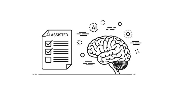 Brain illustration displays a checklist for artificial intelligence assistance representing the systematic integration of machine learning into cognitive processes for enhanced modern digital.