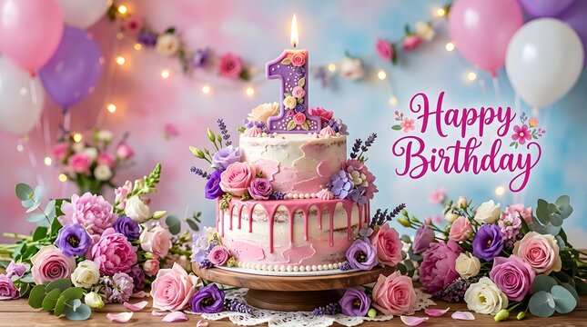 Happy birthday cake with flowers first birthday celebration pastel theme