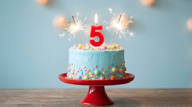 Happy 5th birthday celebration with blue cake and sparklers