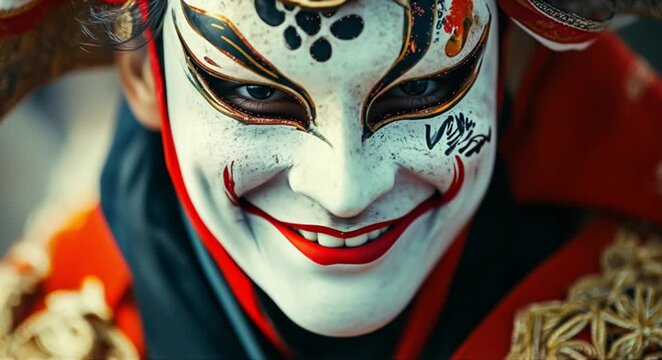 Intense gaze from a performer wearing a traditional Japanese Kitsune mask with a dramatic smile.