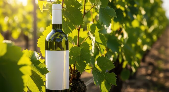 Uma elegante garrafa de vinho de vidro verde com r&oacute;tulo branco limpo repousa sob a luz do sol em um vinhedo exuberante com folhas verdes, sunny, organic, alcohol