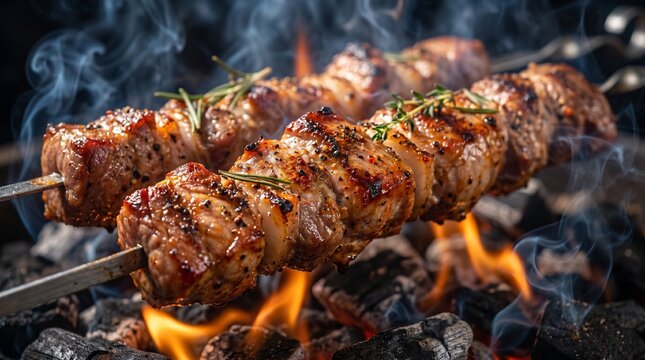 Delicious BBQ beef skewers with herbs cooking on outdoor charcoal grill