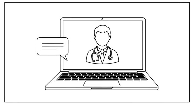 Laptop displaying a doctor on the screen with a speech bubble signifies remote medical consultation and telehealth services that allow patients to access professional health advice from their home.
