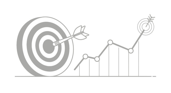 Target with a bullseye arrow represents reaching business goals while a rising line chart shows growth and success in hitting financial milestones for a company striving for market leadership today.