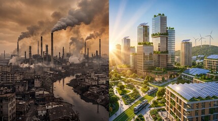 Obraz premium Comparison of polluted industrial city and sustainable eco-friendly city