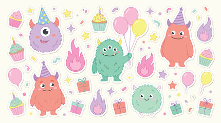 Cute monster sticker set with birthday party elements, pastel cartoon monster characters, whimsical creature illustrations for kids celebration © DesignAura