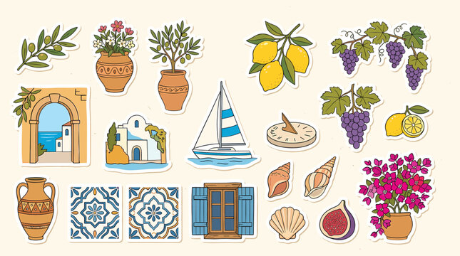 Mediterranean travel sticker set, hand drawn greek summer icons, coastal vacation vector elements with lemons, olives, grapes and architecture