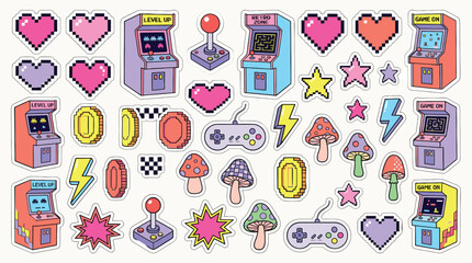 Retro pixel art gaming sticker set, vintage arcade machine and video game controller icons, 8-bit aesthetic gaming elements for digital design © DesignAura