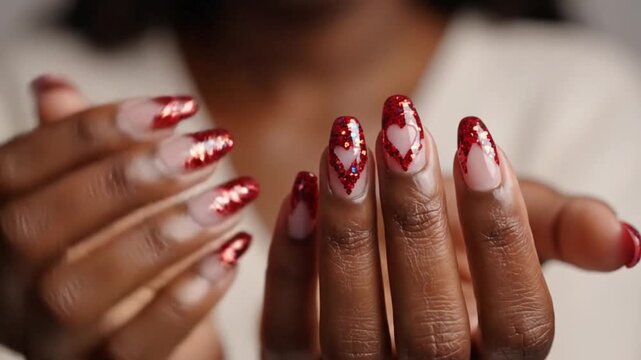 Valentine's Nails:  Close-up shot showcases a pair of hands adorned with elegant, red Valentine's Day nail art, radiating love and sophistication. 