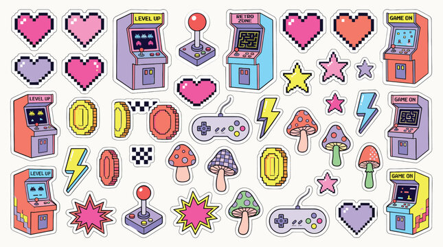 Retro pixel art gaming sticker set, vintage arcade machine and video game controller icons, 8-bit aesthetic gaming elements for digital design