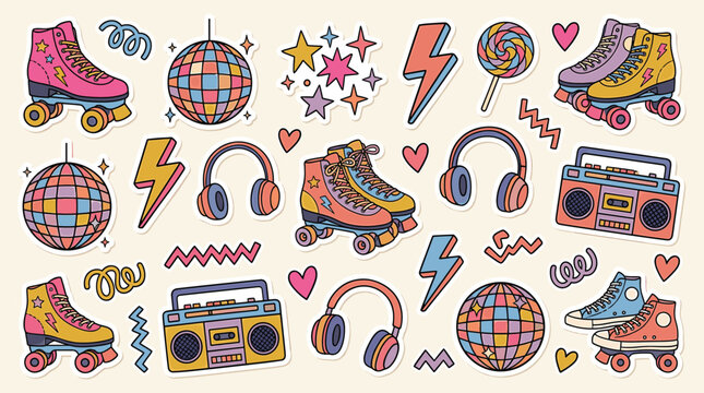 Retro 90s sticker set with roller skates and disco balls, vintage aesthetic patches with boombox and headphones, colorful nostalgic vector collection