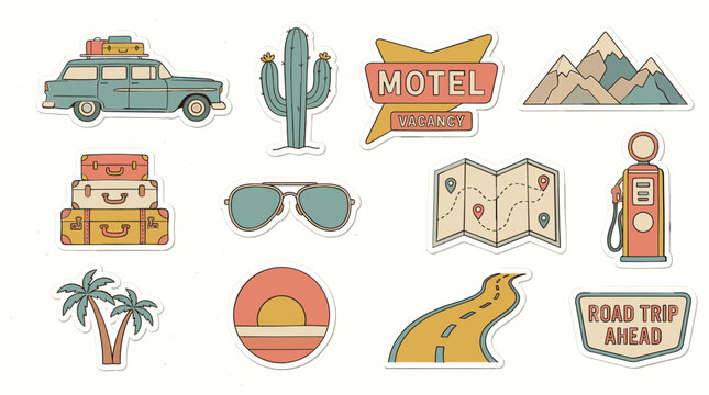 Retro road trip sticker set with vintage car and motel sign, nostalgic travel adventure icons, 12 vector elements for summer vacation scrapbooking