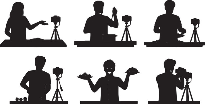 Black Solid Kitchen Cooking Stream Setup Silhouettes Set of Six on White Background