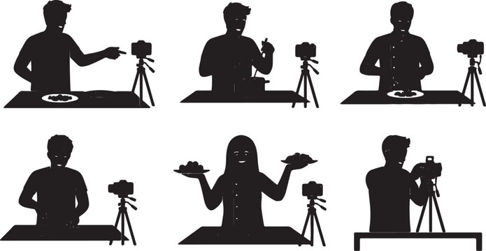 Black Solid Kitchen Cooking Stream Setup Silhouettes Set of Six on White Background