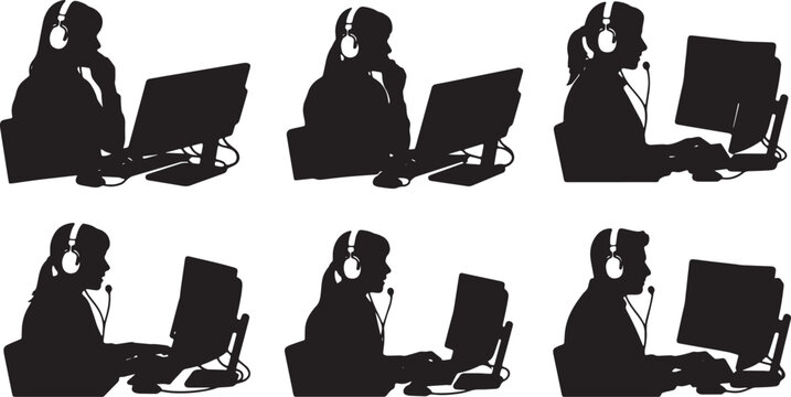 Black Solid Language Interpreter Dual Screen Headphones Silhouettes Set of Six on White Background