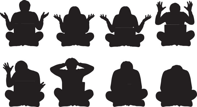 Black Solid Frustrated Laptop User Silhouettes Set of Six on White Background