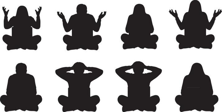 Black Solid Frustrated Laptop User Silhouettes Set of Six on White Background
