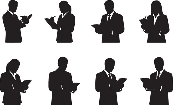 Black Solid Office Manager Clipboard Silhouettes Set of Six on White Background