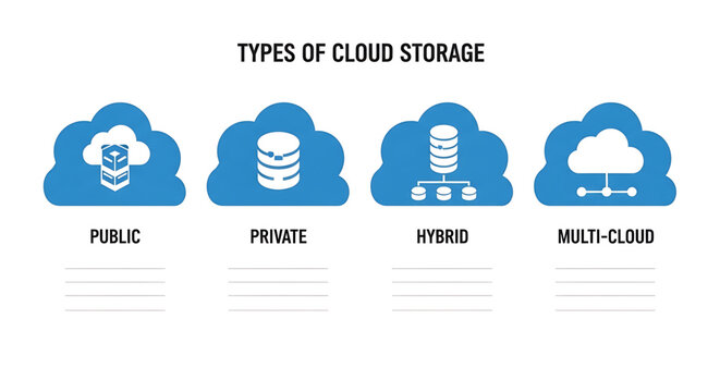 Types of cloud storage infographic with icons for public, private, hybrid, and multicloud computing models