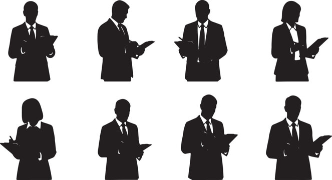 Black Solid Office Manager Clipboard Silhouettes Set of Six on White Background