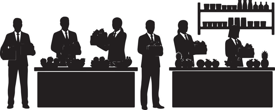 Black Solid Office Manager Restocking Snack Bar Silhouettes Set of Six on White Background