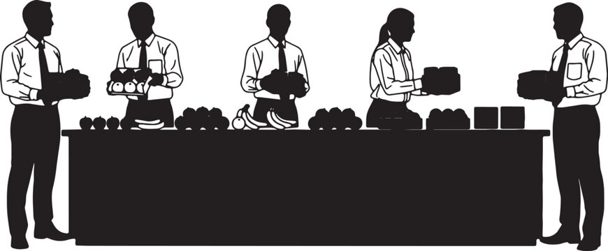 Black Solid Office Manager Restocking Snack Bar Silhouettes Set of Six on White Background