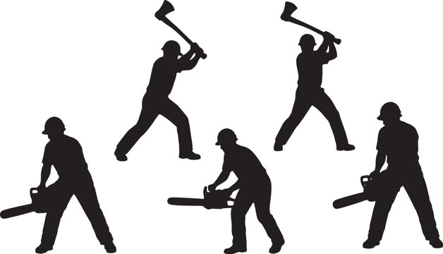 Black Solid Outdoor Forestry Lumberjack Silhouettes Set of Six on White Background