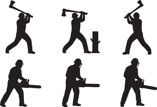 Black Solid Outdoor Forestry Lumberjack Silhouettes Set of Six on White Background