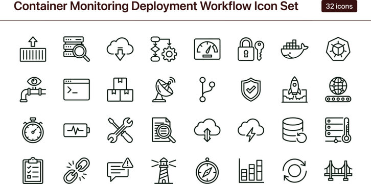 Container monitoring deployment workflow line icon set for cloud infrastructure dashboard ui devops automation and system management