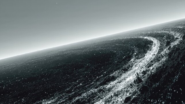 Dark planetary surface with curved glowing trail. Cosmic comet path across moon-like landscape. Space exploration and astronomical phenomenon illustration for science fiction concepts.