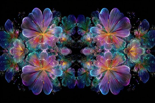 Surreal Floral Symmetry: A mesmerizing digital artwork showcases a symmetrical arrangement of ethereal, translucent flowers in vibrant hues of purple, pink, and teal, set against a dark.