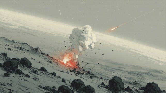 Meteor exploding on rocky lunar surface. Fiery comet impact with debris cloud. Space disaster concept for astronomy and science fiction illustration.