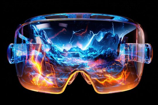 Augmented Reality Goggles: Futuristic VR goggles projecting an immersive, electrifying landscape of mountains and lightning, symbolizing digital reality and cutting-edge technology.