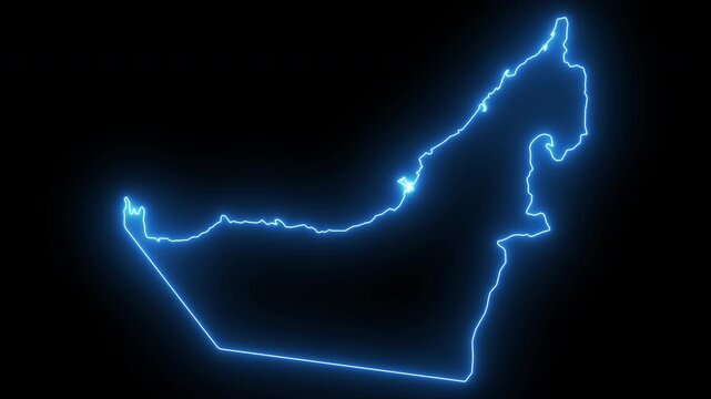 United arab emirates map outline with glowing neon blue light effect on black background