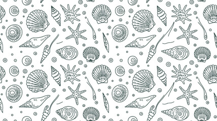 Seashell vector seamless pattern with blue line background, marine decorative ocean illustration for textile, wallpaper, packaging, and coastal design projects © Lucky art