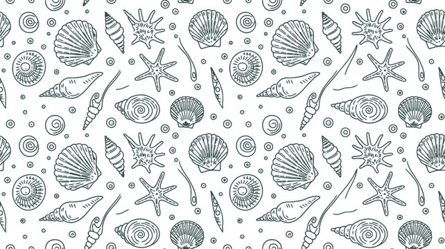 Seashell vector seamless pattern with blue line background, marine decorative ocean illustration for textile, wallpaper, packaging, and coastal design projects