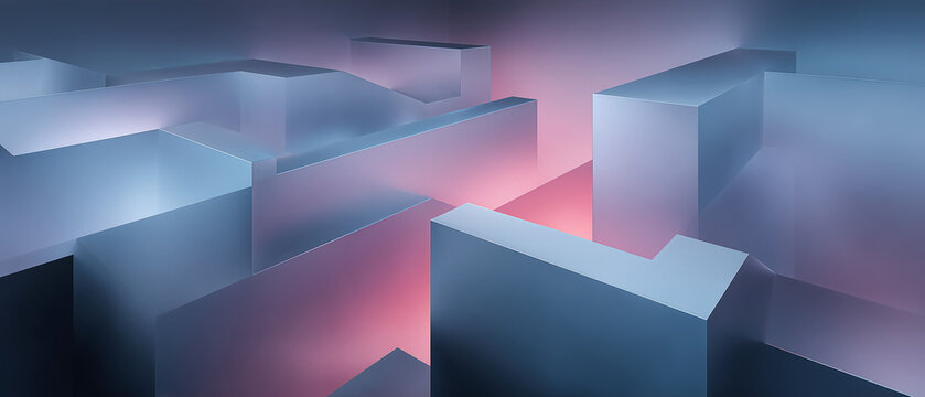Abstract geometric shapes with glowing edges in blue and pink tones  