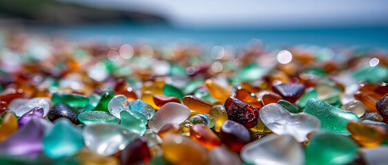 Obraz premium Colorful sea glass scattered on beach shoreline under blue sky 