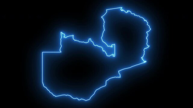 Zambia map outline with glowing neon blue light effect animation on black background