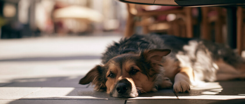 Dog lying on the floor under a table in a cozy cafe setting  