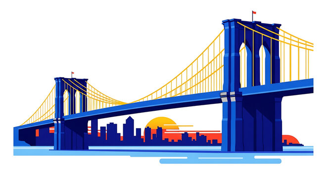 Brooklyn bridge illustration with new york city skyline at sunset vector flat design of iconic nyc landmark
