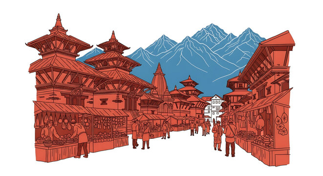 Illustration of a traditional nepalese market square with pagoda style architecture and himalayan mountain range in the background