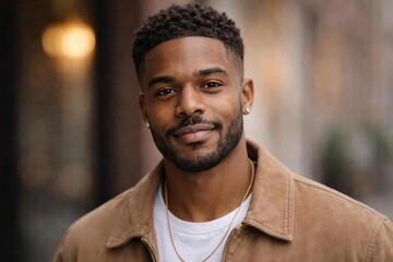 Fototapeta premium Portrait of a handsome young Black man wearing a stylish brown jacket and white t-shirt, standing outdoors with a blurred urban background.