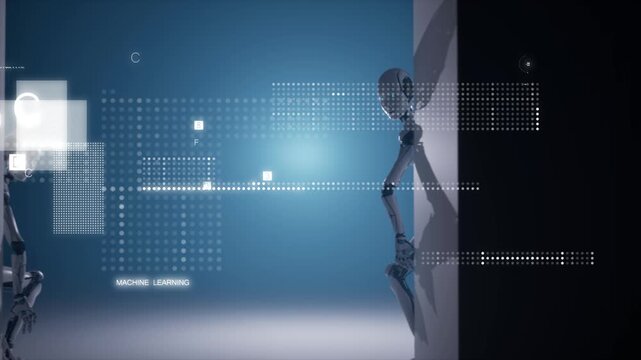 3D animations of Artificial intelligence robots look and spy from corner of wall. Infographic data overlay. High-technology background